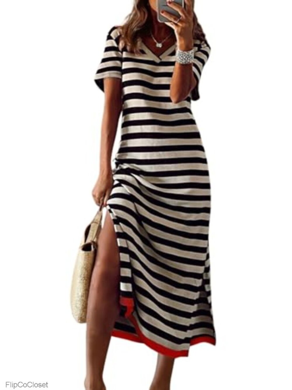 Striped V-Neck Maxi Dress Short Sleeve Side Split Flowy Swing Midi